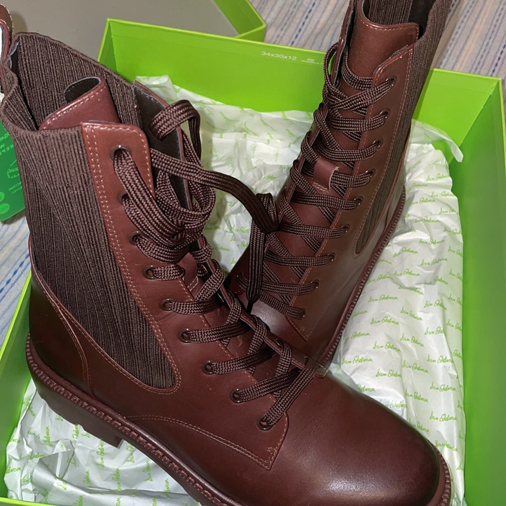 SAM EDELMAN LYDELL COMBAT BOOT brown leather/knit